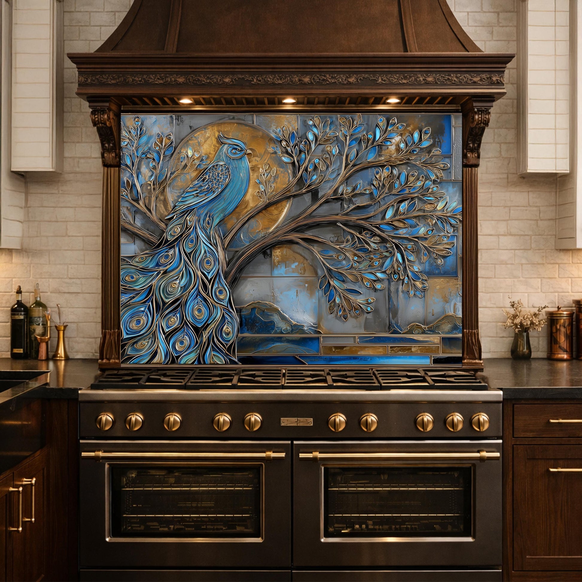 Tempered Glass Peacock Kitchen Backsplash Panel, Blue Gold Mosaic Art Stove Guard