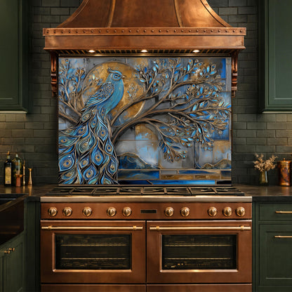 Tempered Glass Peacock Kitchen Backsplash Panel, Blue Gold Mosaic Art Stove Guard