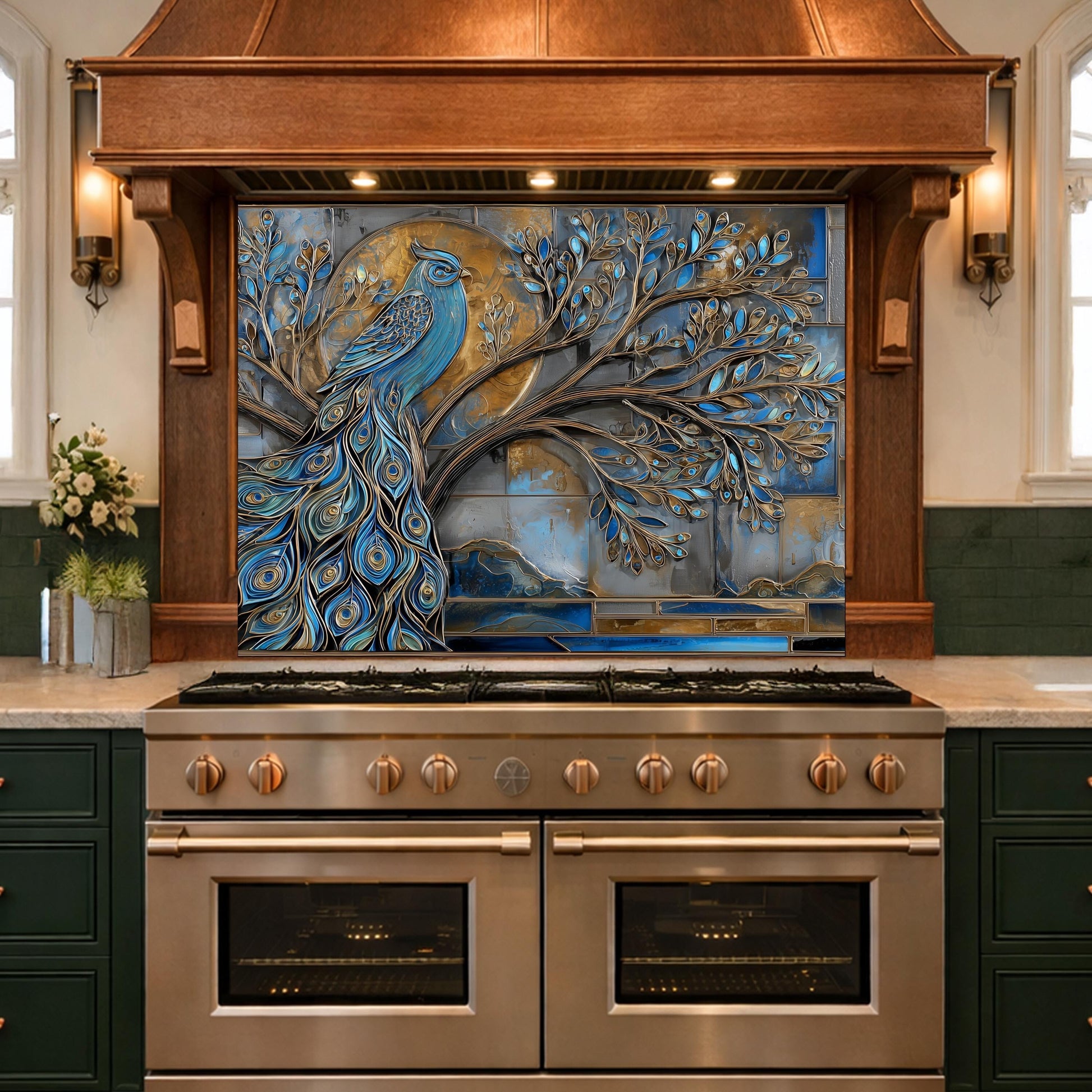 Tempered Glass Peacock Kitchen Backsplash Panel, Blue Gold Mosaic Art Stove Guard