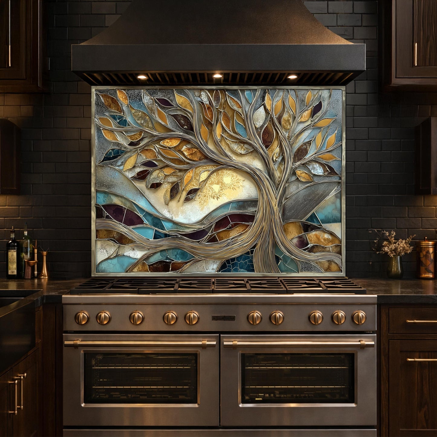 Tree of Life Tempered Glass Kitchen Backsplash, Gold Blue Mosaic Stove Guard