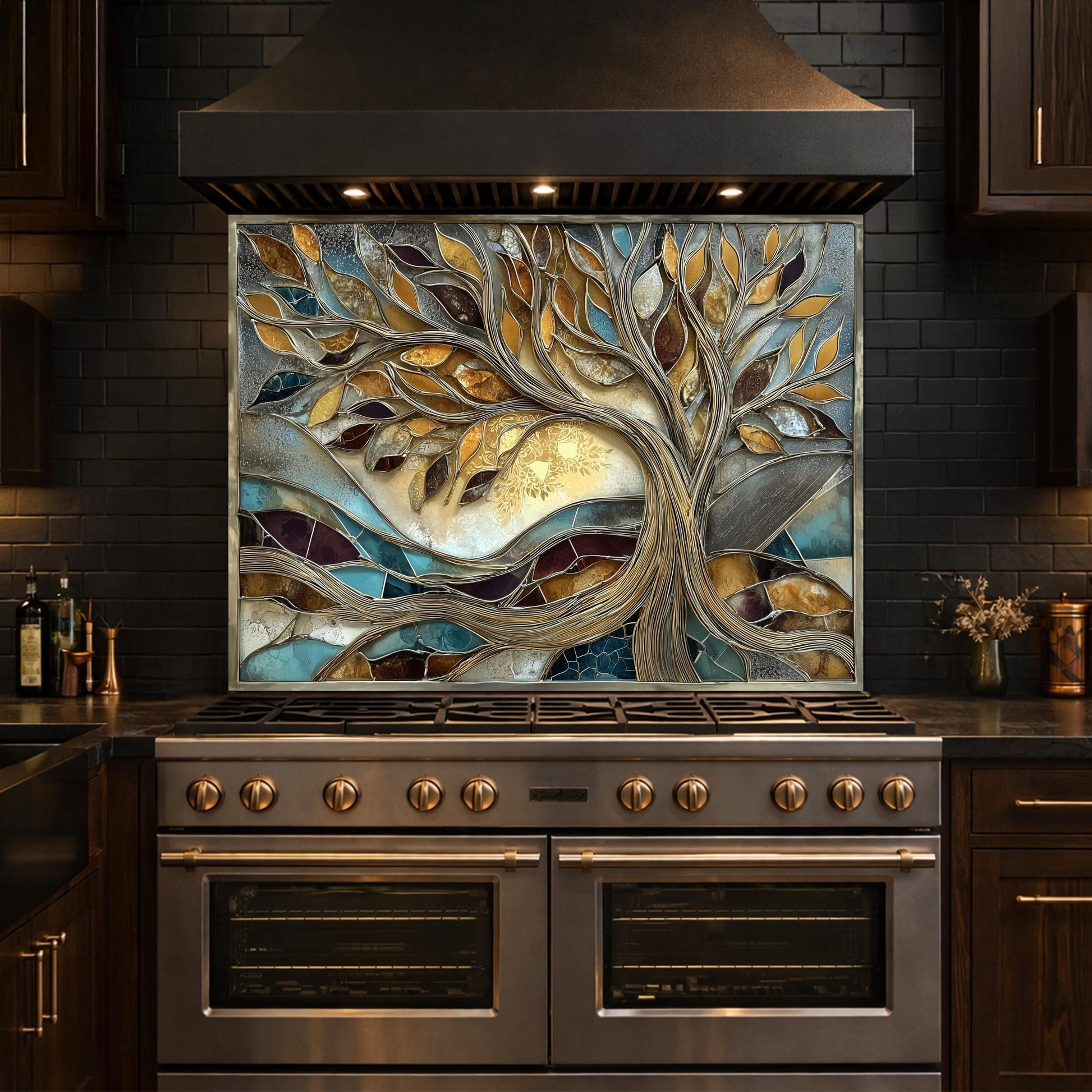 Tree of Life Tempered Glass Kitchen Backsplash, Gold Blue Mosaic Stove Guard