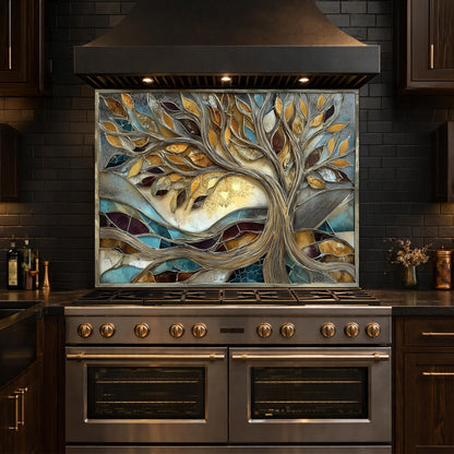 Tree of Life Tempered Glass Kitchen Backsplash, Gold Blue Mosaic Stove Guard