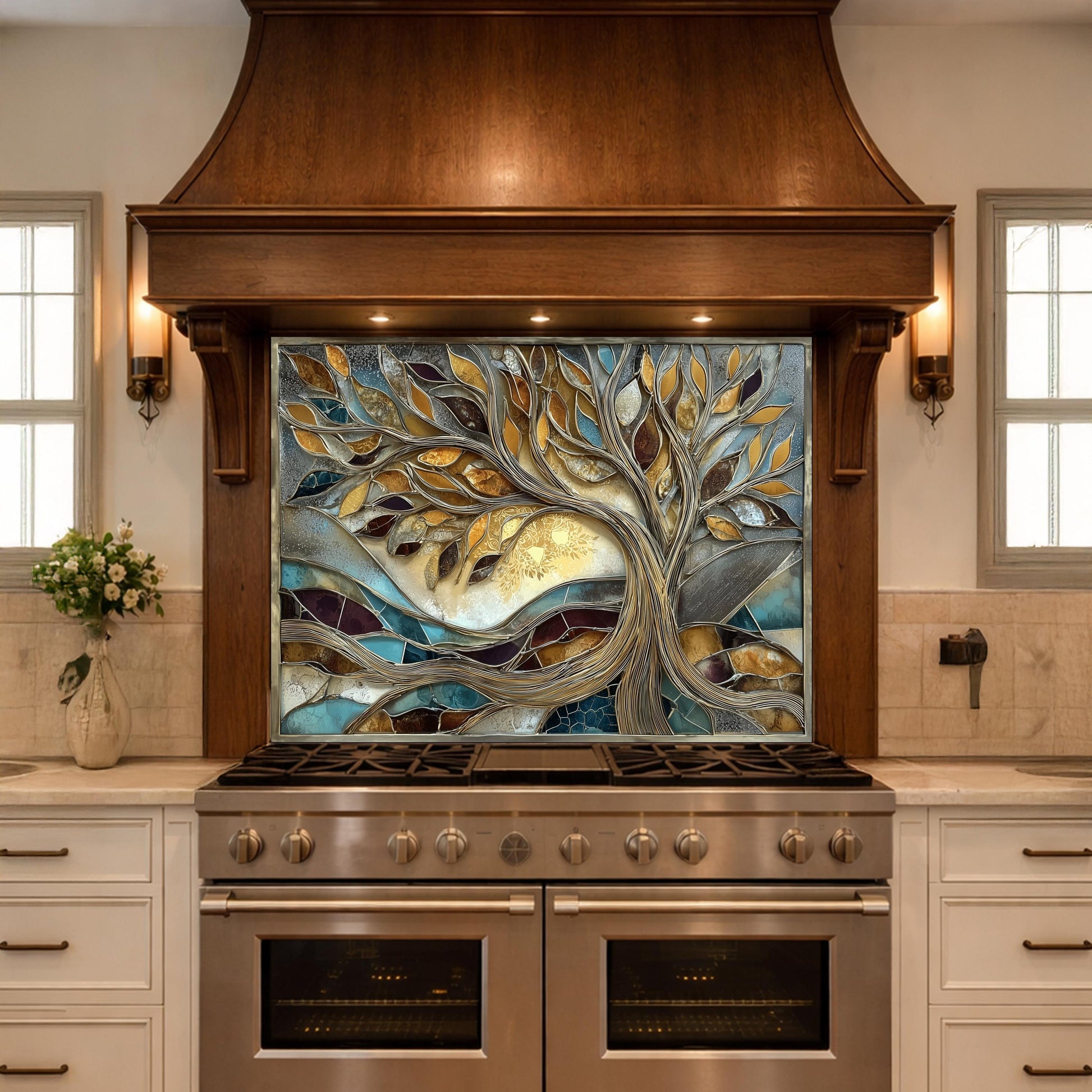 Tree of Life Tempered Glass Kitchen Backsplash, Gold Blue Mosaic Stove Guard