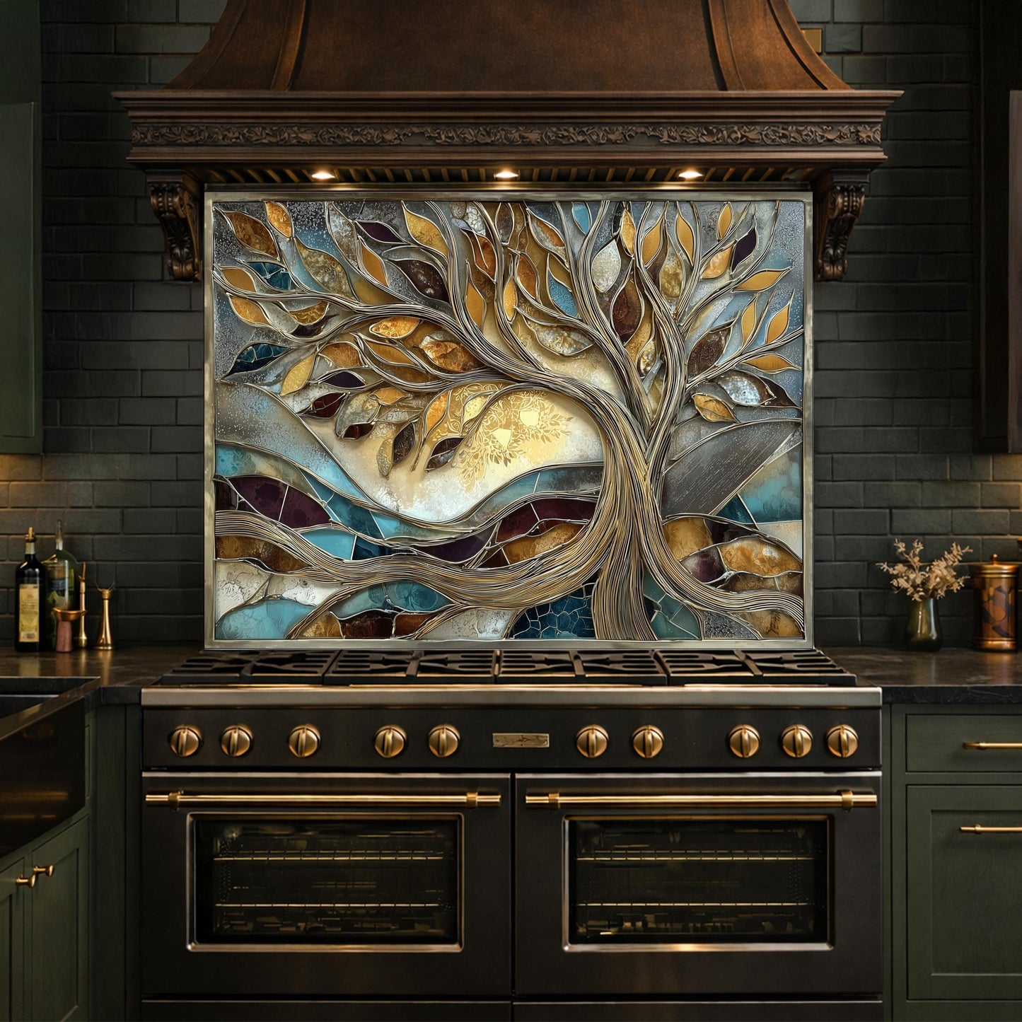 Tree of Life Tempered Glass Kitchen Backsplash, Gold Blue Mosaic Stove Guard