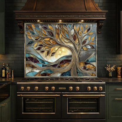 Tree of Life Tempered Glass Kitchen Backsplash, Gold Blue Mosaic Stove Guard