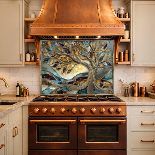 Tree of Life Tempered Glass Kitchen Backsplash, Gold Blue Mosaic Stove Guard