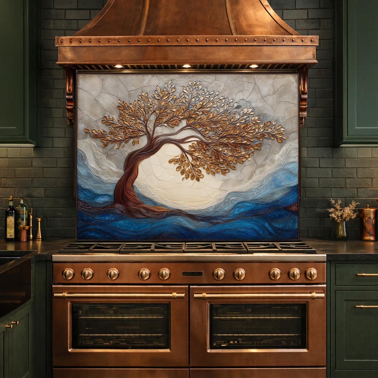 Tempered Glass Kitchen Backsplash, Golden Tree Mosaic Stove Guard, Blue Waves Wall Art