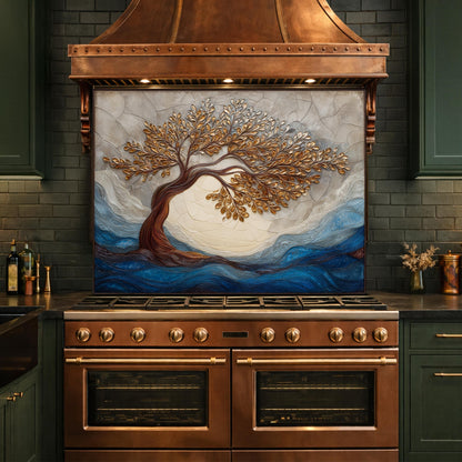 Tempered Glass Kitchen Backsplash, Golden Tree Mosaic Stove Guard, Blue Waves Wall Art