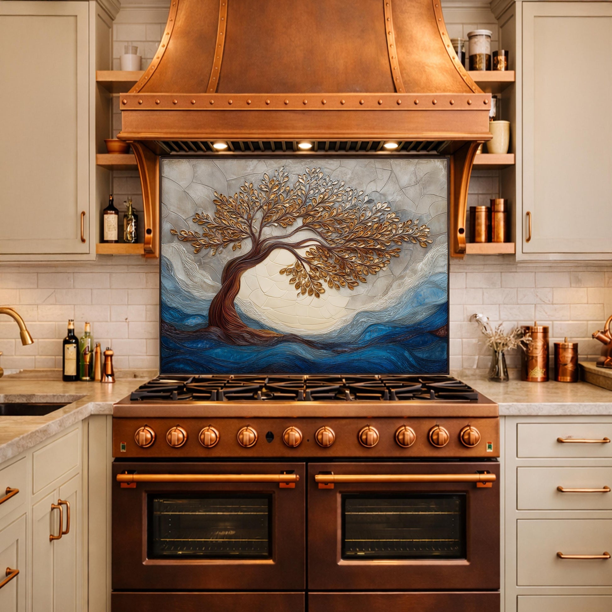 Tempered Glass Kitchen Backsplash, Golden Tree Mosaic Stove Guard, Blue Waves Wall Art