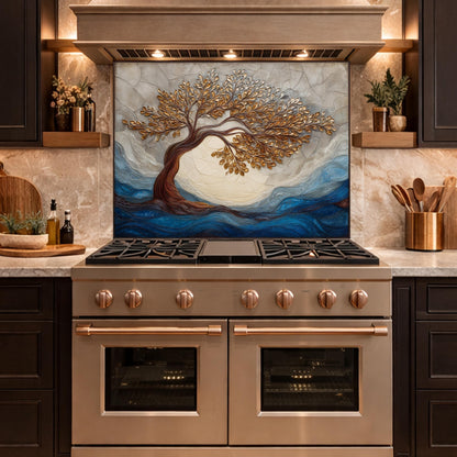Tempered Glass Kitchen Backsplash, Golden Tree Mosaic Stove Guard, Blue Waves Wall Art