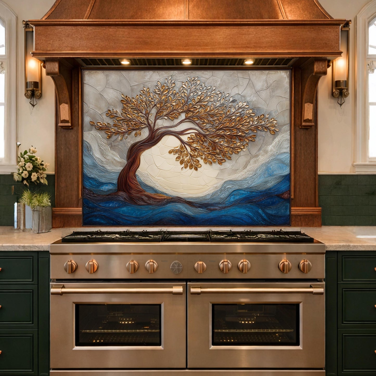Tempered Glass Kitchen Backsplash, Golden Tree Mosaic Stove Guard, Blue Waves Wall Art