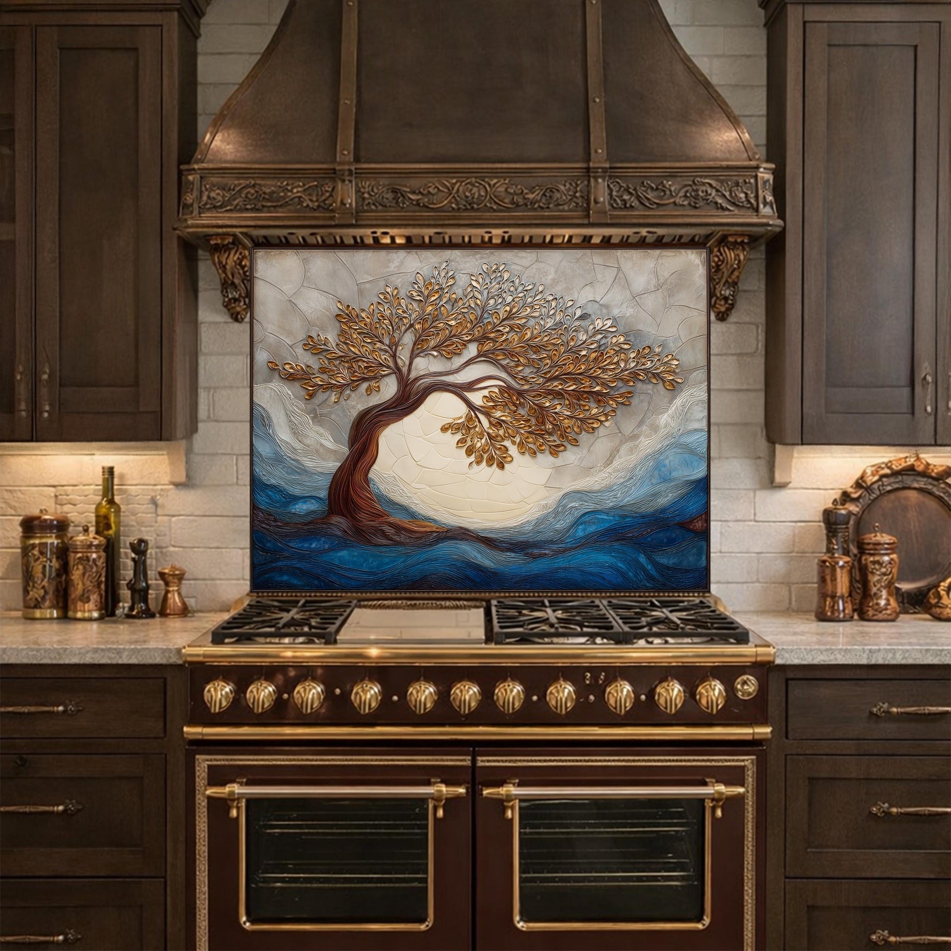 Tempered Glass Kitchen Backsplash, Golden Tree Mosaic Stove Guard, Blue Waves Wall Art