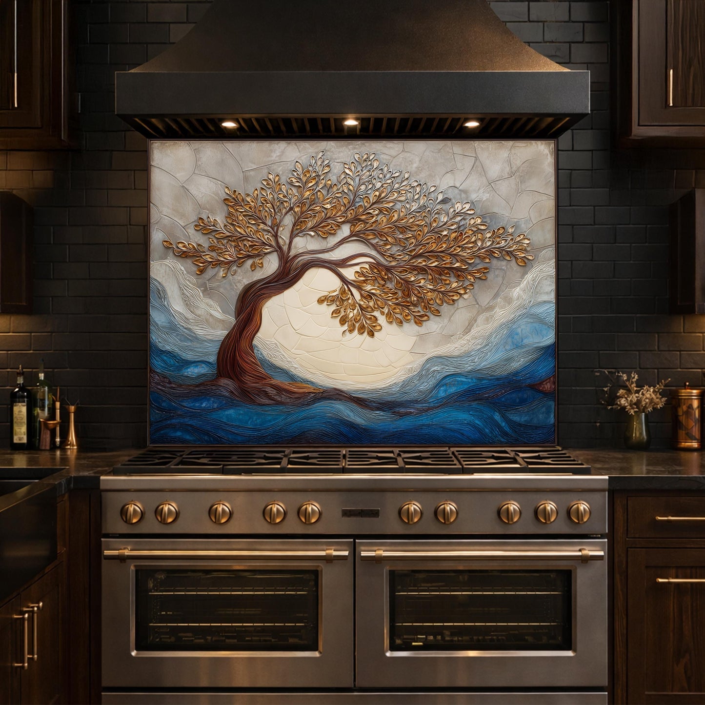 Tempered Glass Kitchen Backsplash, Golden Tree Mosaic Stove Guard, Blue Waves Wall Art
