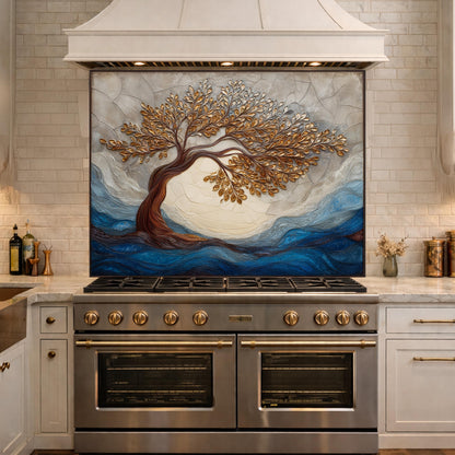 Tempered Glass Kitchen Backsplash, Golden Tree Mosaic Stove Guard, Blue Waves Wall Art