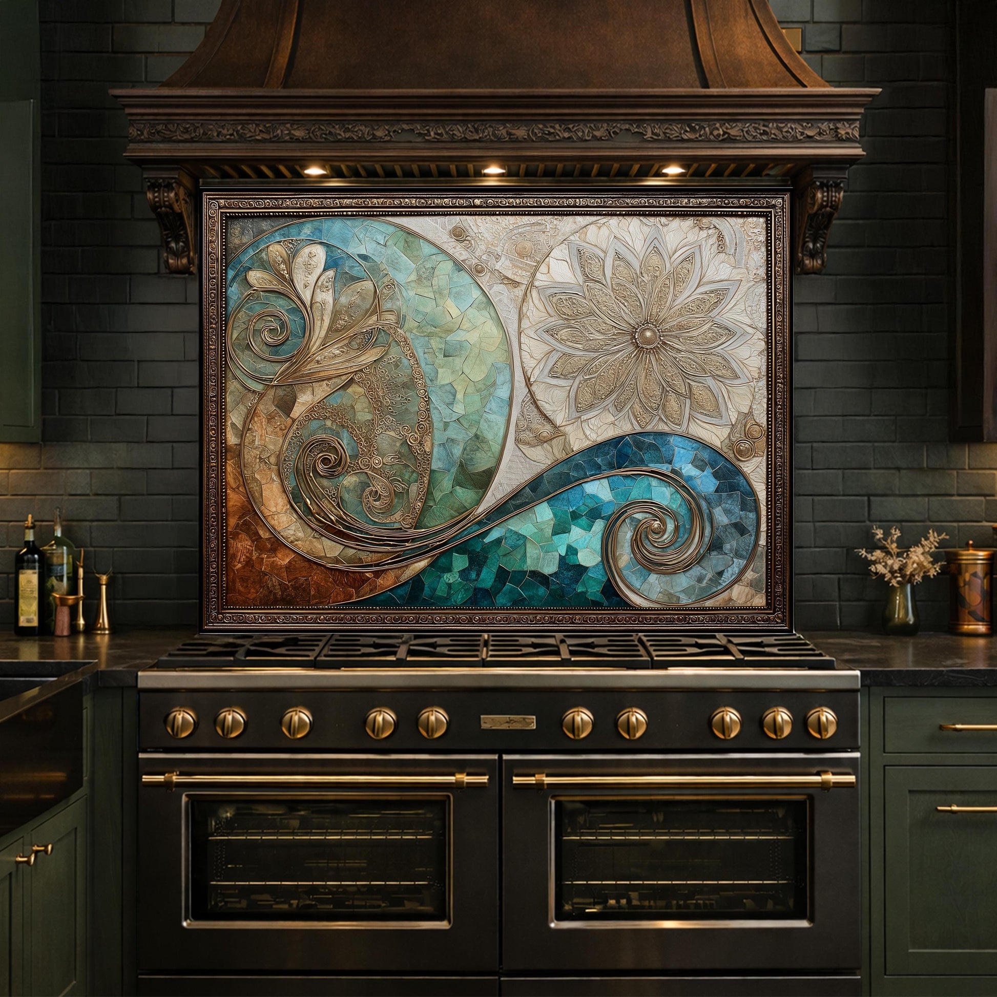Abstract Floral Glass Kitchen Backsplash Panel, Blue Gold Mosaic Art, Tempered Glass Stove Guard