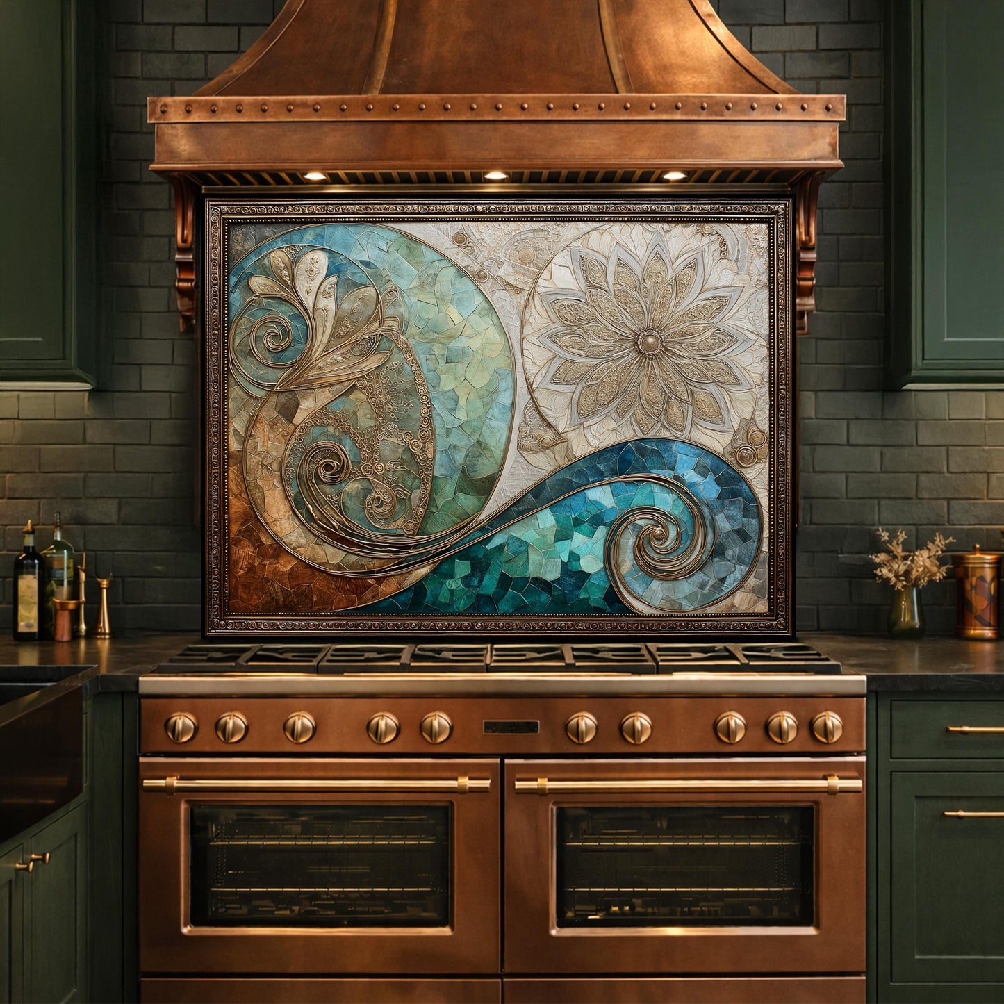 Abstract Floral Glass Kitchen Backsplash Panel, Blue Gold Mosaic Art, Tempered Glass Stove Guard