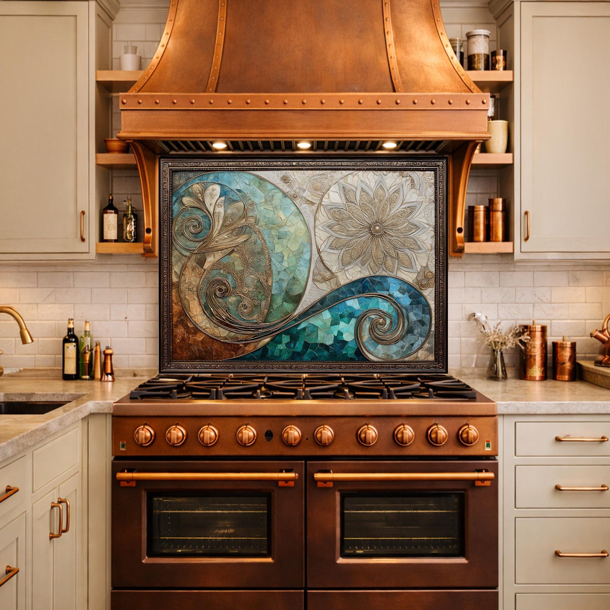 Abstract Floral Glass Kitchen Backsplash Panel, Blue Gold Mosaic Art, Tempered Glass Stove Guard