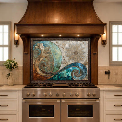 Abstract Floral Glass Kitchen Backsplash Panel, Blue Gold Mosaic Art, Tempered Glass Stove Guard
