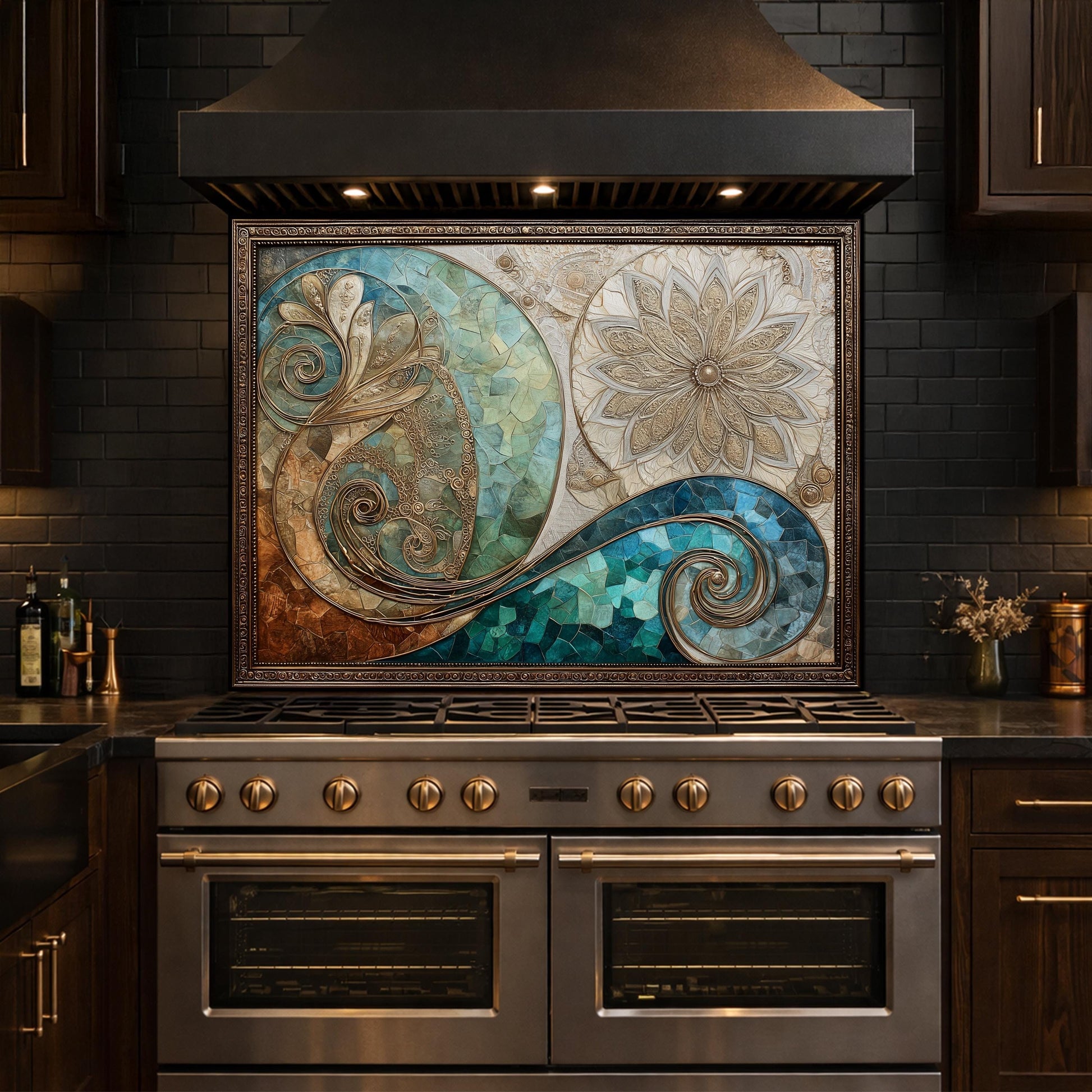 Abstract Floral Glass Kitchen Backsplash Panel, Blue Gold Mosaic Art, Tempered Glass Stove Guard