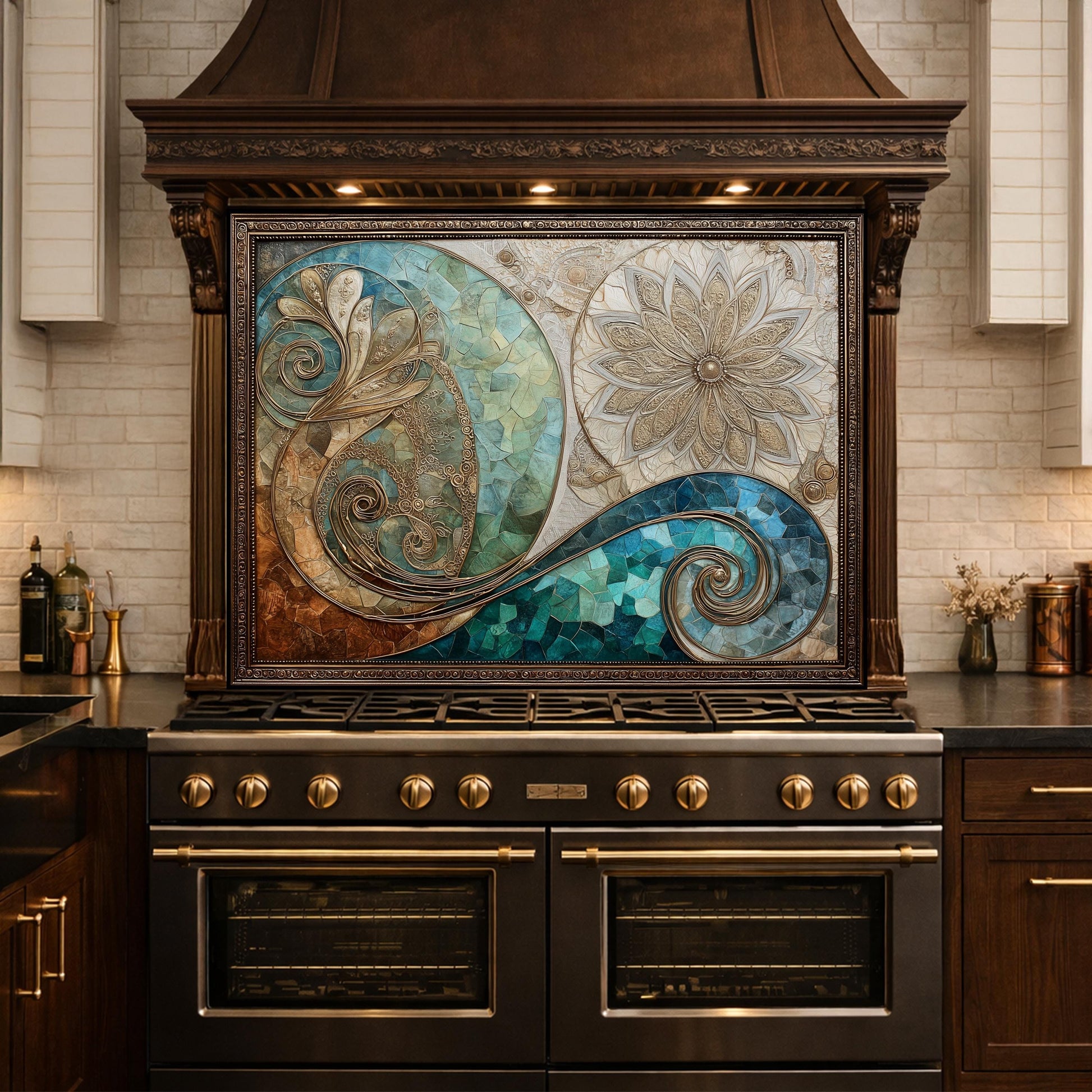 Abstract Floral Glass Kitchen Backsplash Panel, Blue Gold Mosaic Art, Tempered Glass Stove Guard
