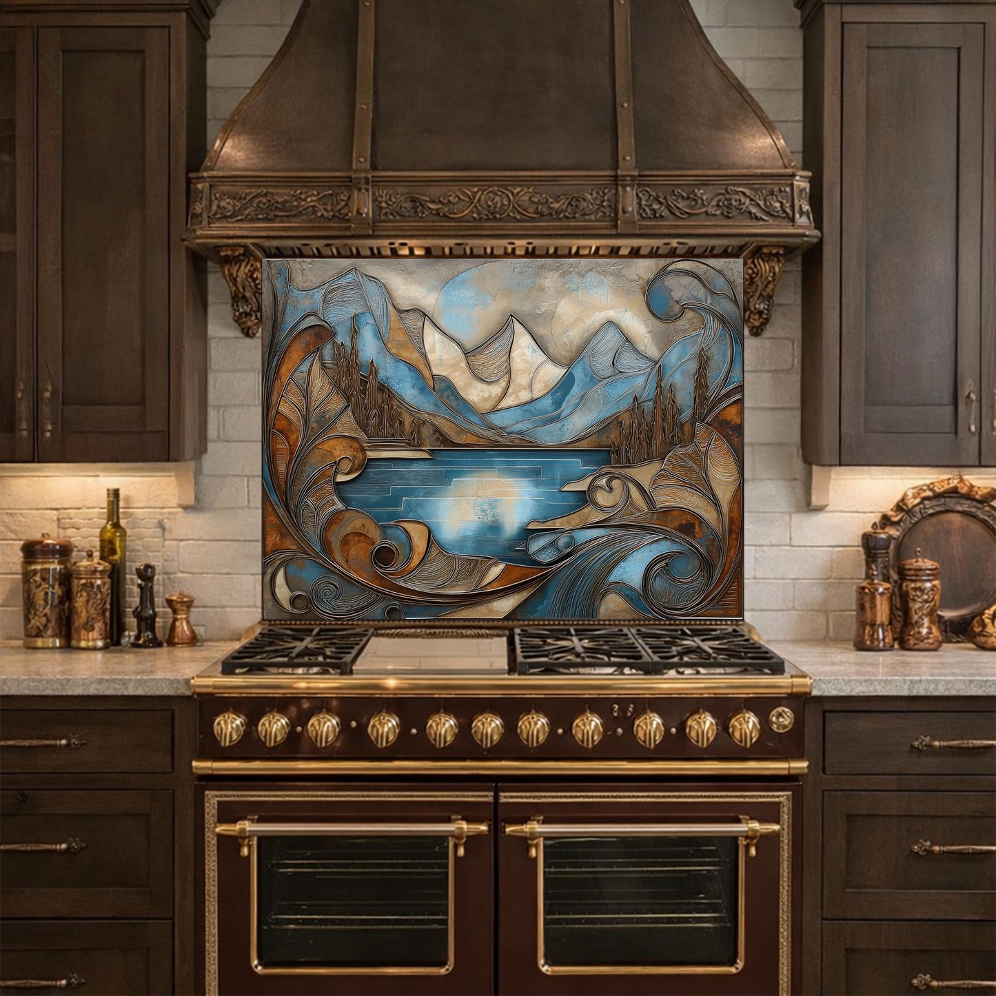 Mountain Lake Glass Kitchen Backsplash Panel, Blue Landscape Mosaic Art, Tempered Glass Stove Guard
