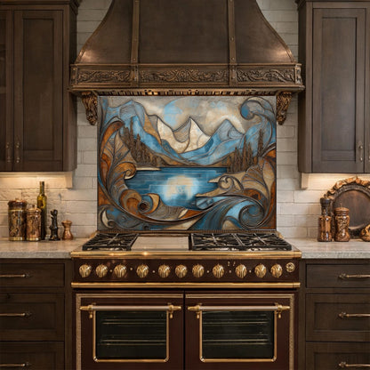 Mountain Lake Glass Kitchen Backsplash Panel, Blue Landscape Mosaic Art, Tempered Glass Stove Guard
