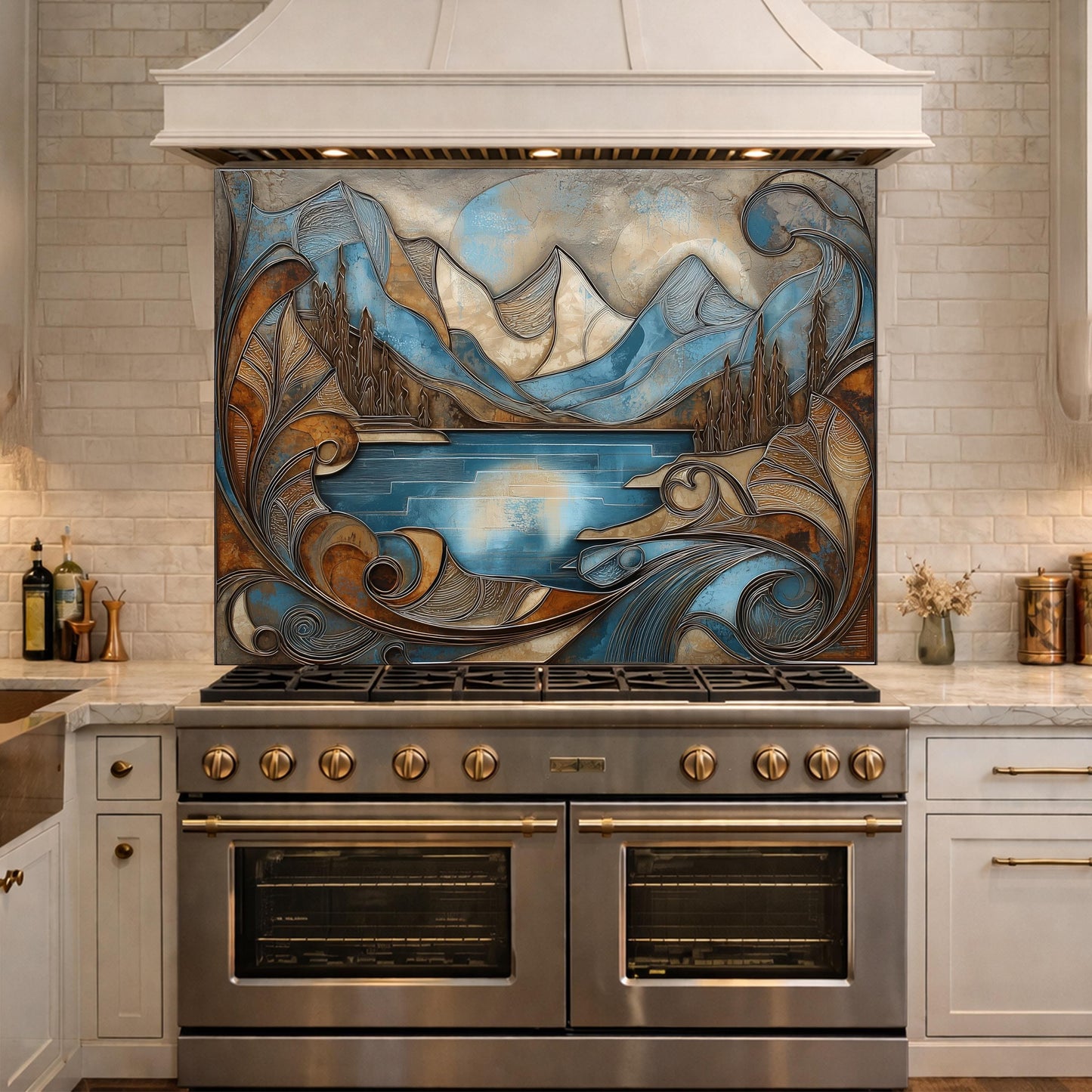 Mountain Lake Glass Kitchen Backsplash Panel, Blue Landscape Mosaic Art, Tempered Glass Stove Guard