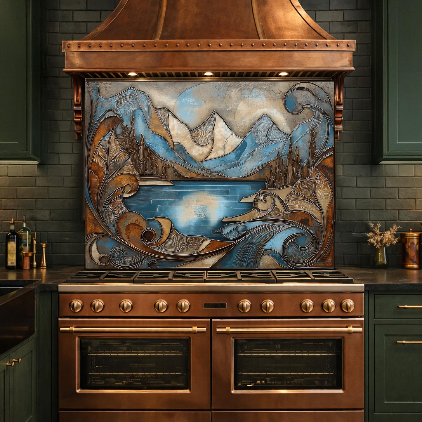 Mountain Lake Glass Kitchen Backsplash Panel, Blue Landscape Mosaic Art, Tempered Glass Stove Guard