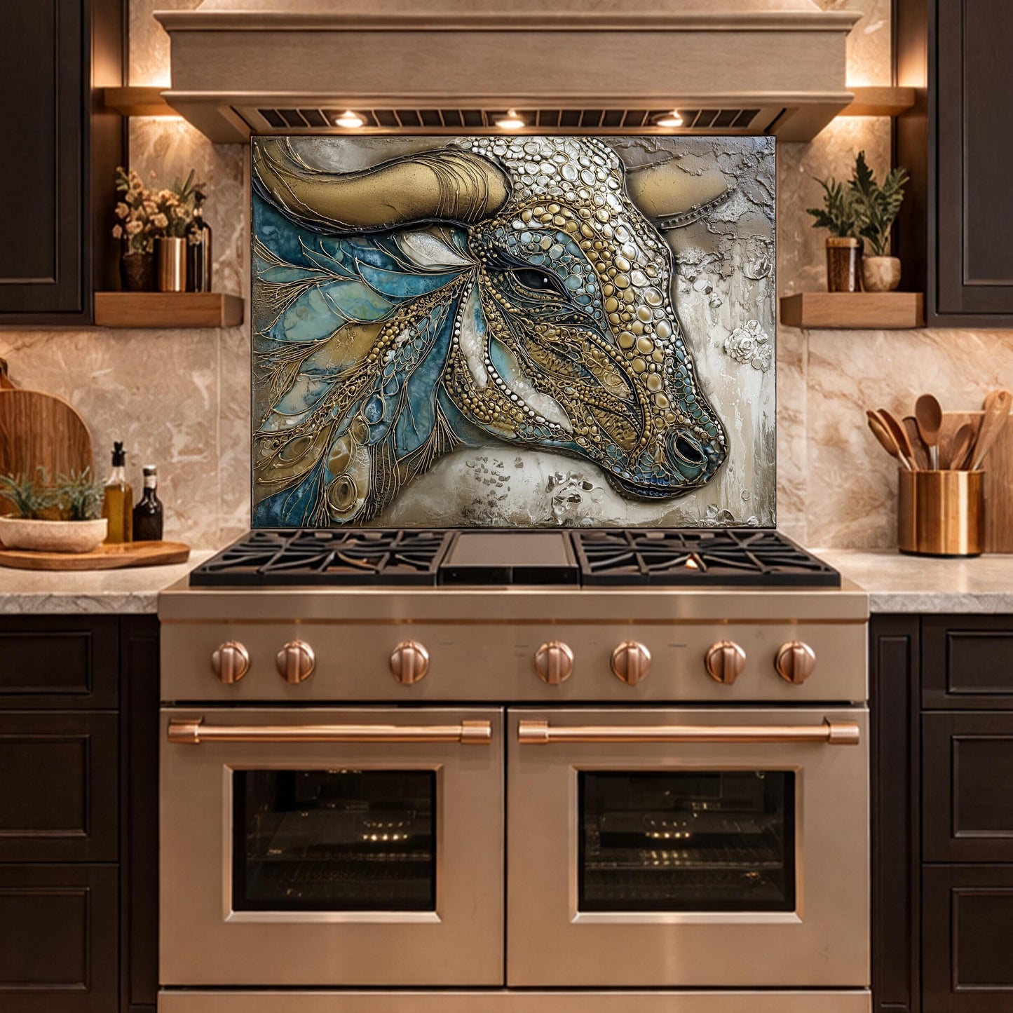 Bull Head Tempered Glass Backsplash, Blue Gold Mosaic Stove Guard