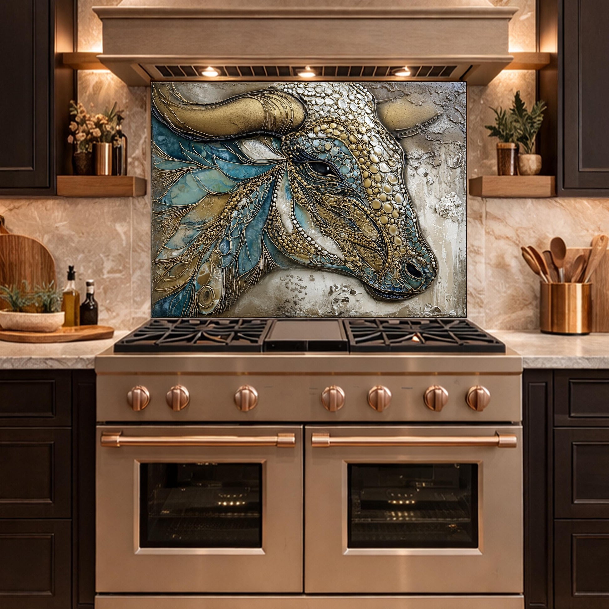 Bull Head Tempered Glass Backsplash, Blue Gold Mosaic Stove Guard