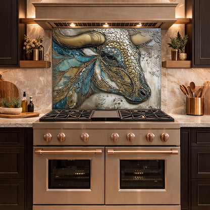 Bull Head Tempered Glass Backsplash, Blue Gold Mosaic Stove Guard