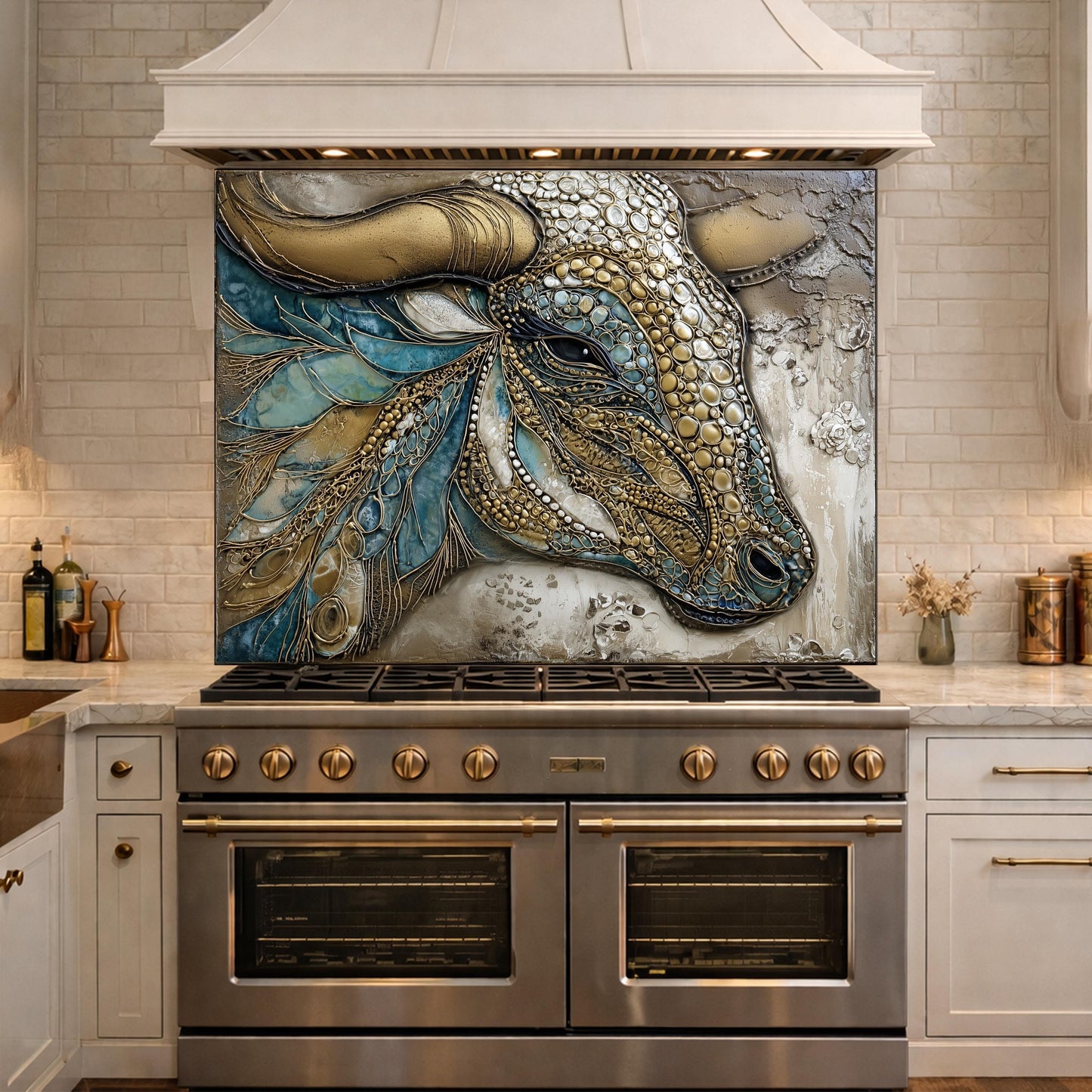 Bull Head Tempered Glass Backsplash, Blue Gold Mosaic Stove Guard