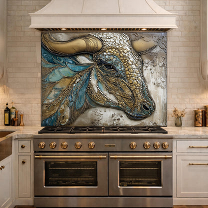 Bull Head Tempered Glass Backsplash, Blue Gold Mosaic Stove Guard