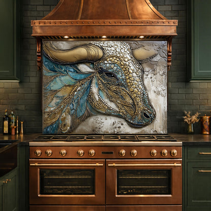 Bull Head Tempered Glass Backsplash, Blue Gold Mosaic Stove Guard
