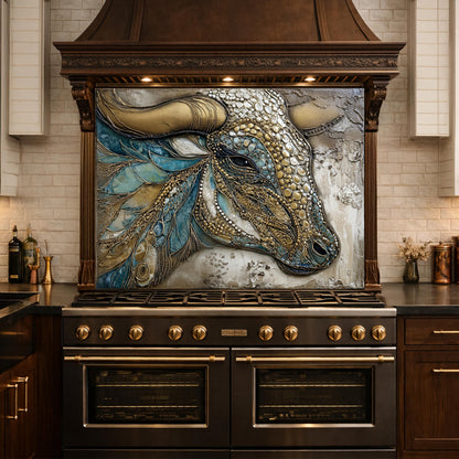 Bull Head Tempered Glass Backsplash, Blue Gold Mosaic Stove Guard