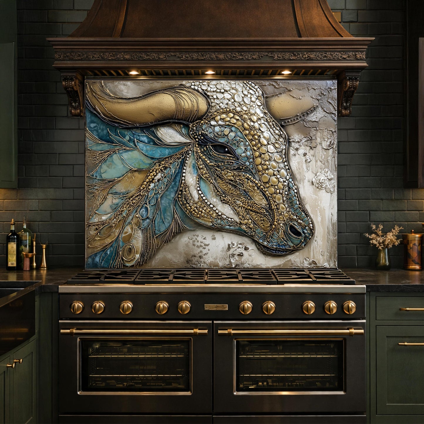 Bull Head Tempered Glass Backsplash, Blue Gold Mosaic Stove Guard