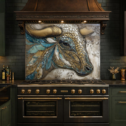 Bull Head Tempered Glass Backsplash, Blue Gold Mosaic Stove Guard