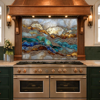 Abstract Marble Wave Glass Kitchen Backsplash Panel, Blue Gold Stone Art Decor