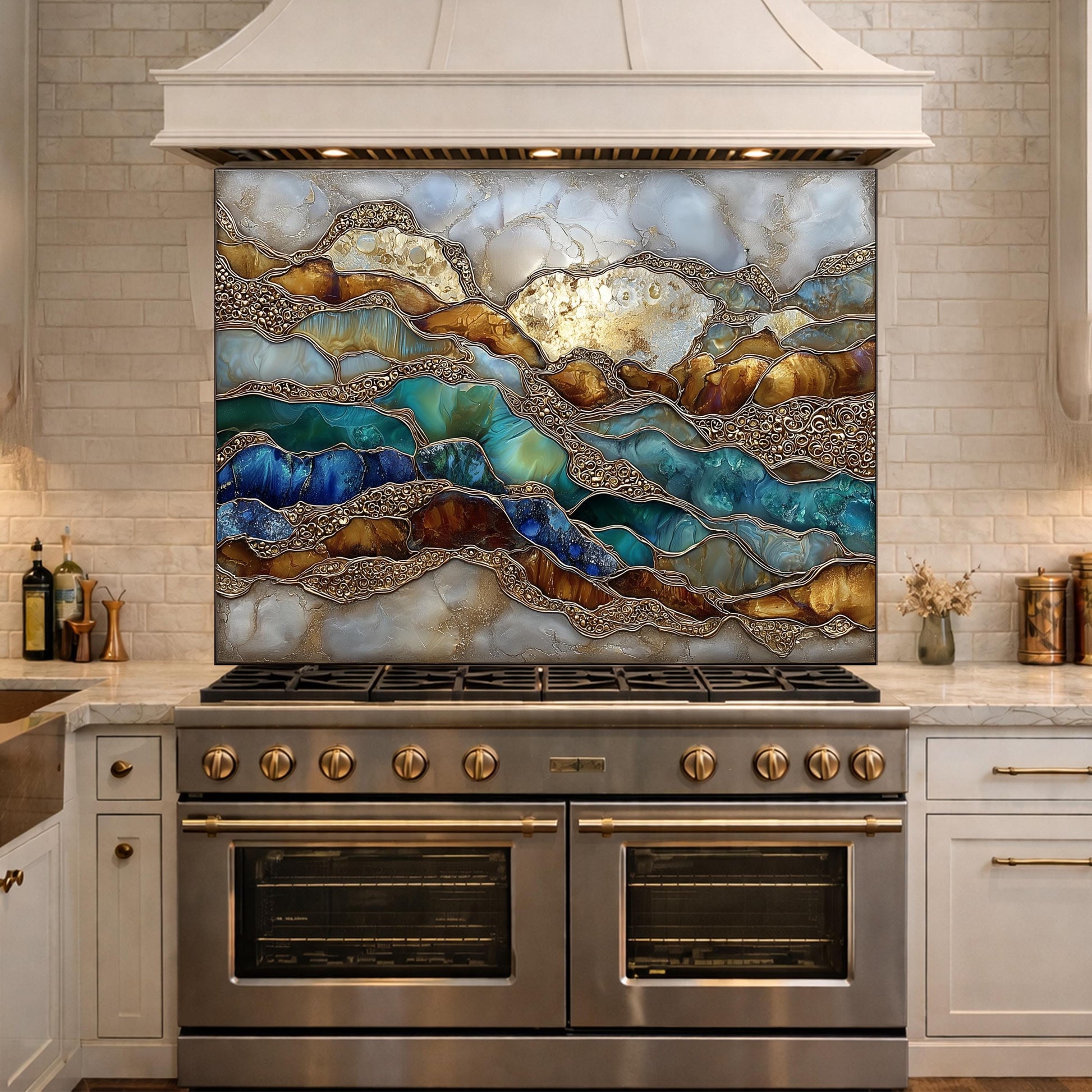 Abstract Marble Wave Glass Kitchen Backsplash Panel, Blue Gold Stone Art Decor