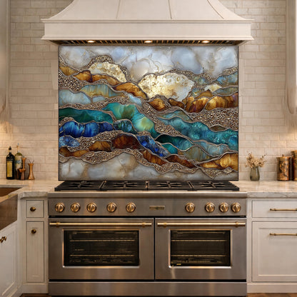 Abstract Marble Wave Glass Kitchen Backsplash Panel, Blue Gold Stone Art Decor