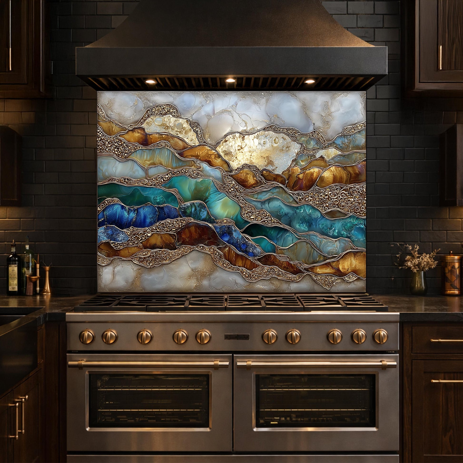 Abstract Marble Wave Glass Kitchen Backsplash Panel, Blue Gold Stone Art Decor