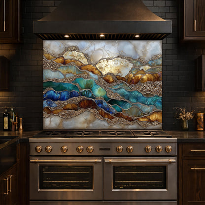 Abstract Marble Wave Glass Kitchen Backsplash Panel, Blue Gold Stone Art Decor
