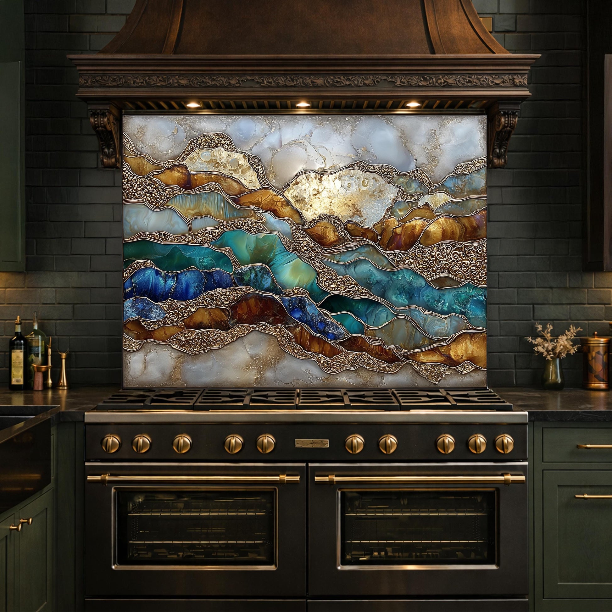 Abstract Marble Wave Glass Kitchen Backsplash Panel, Blue Gold Stone Art Decor