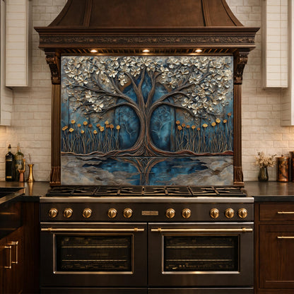 Tree of Life Blue Gold Glass Kitchen Backsplash Panel, Floral Wall Art Decor