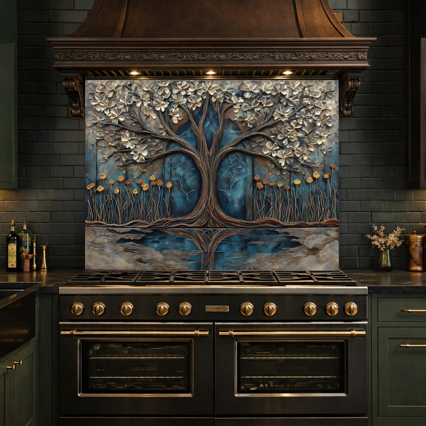 Tree of Life Blue Gold Glass Kitchen Backsplash Panel, Floral Wall Art Decor