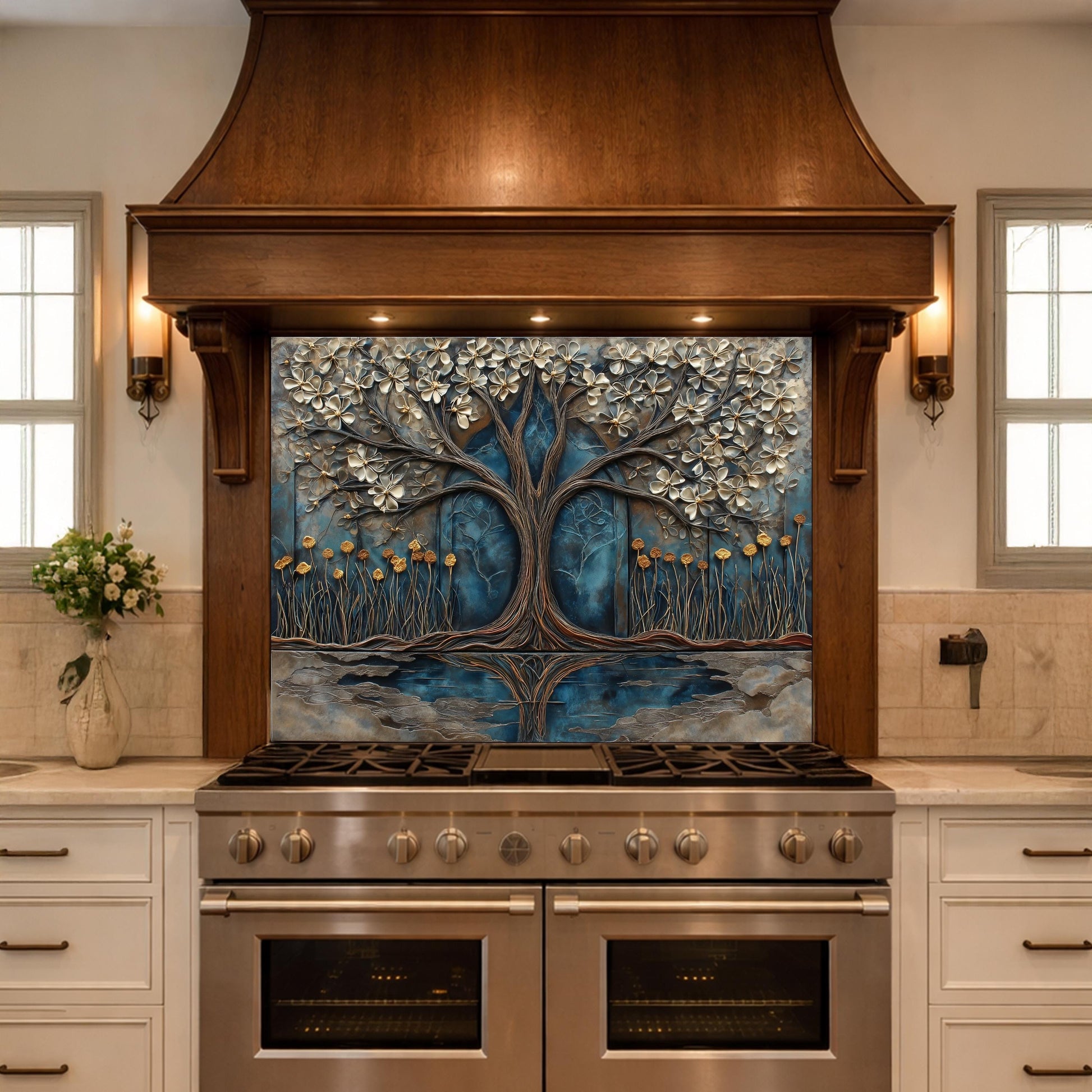 Tree of Life Blue Gold Glass Kitchen Backsplash Panel, Floral Wall Art Decor