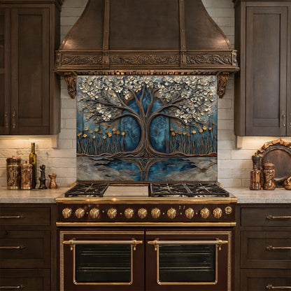 Tree of Life Blue Gold Glass Kitchen Backsplash Panel, Floral Wall Art Decor