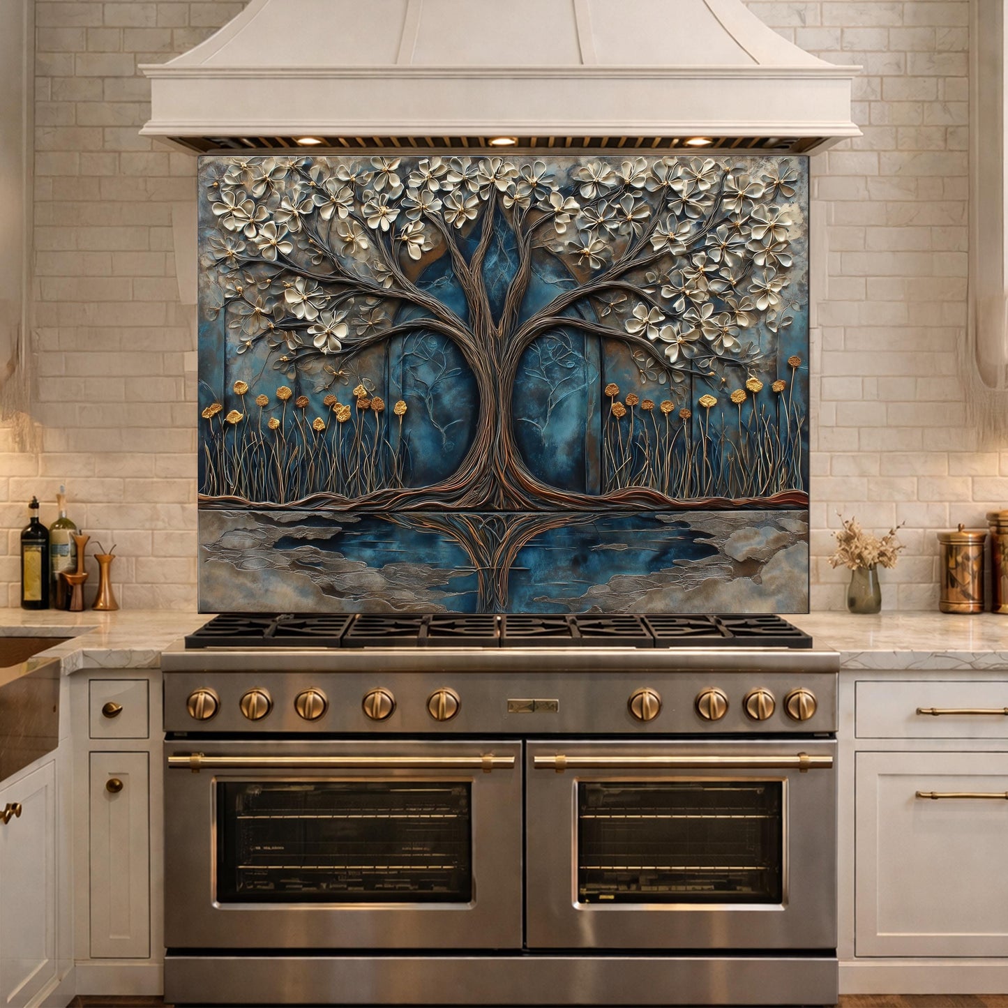 Tree of Life Blue Gold Glass Kitchen Backsplash Panel, Floral Wall Art Decor