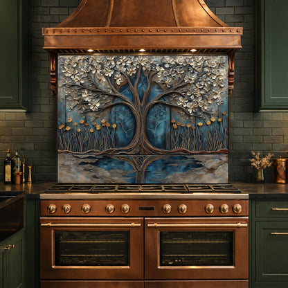 Tree of Life Blue Gold Glass Kitchen Backsplash Panel, Floral Wall Art Decor