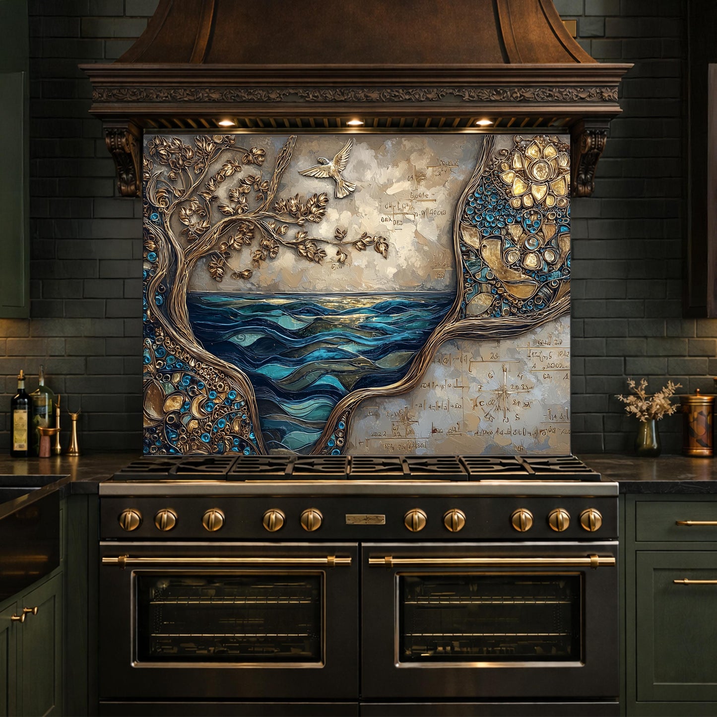 Tree and Ocean Wave Glass Kitchen Backsplash Panel, Blue Gold Wall Art Decor